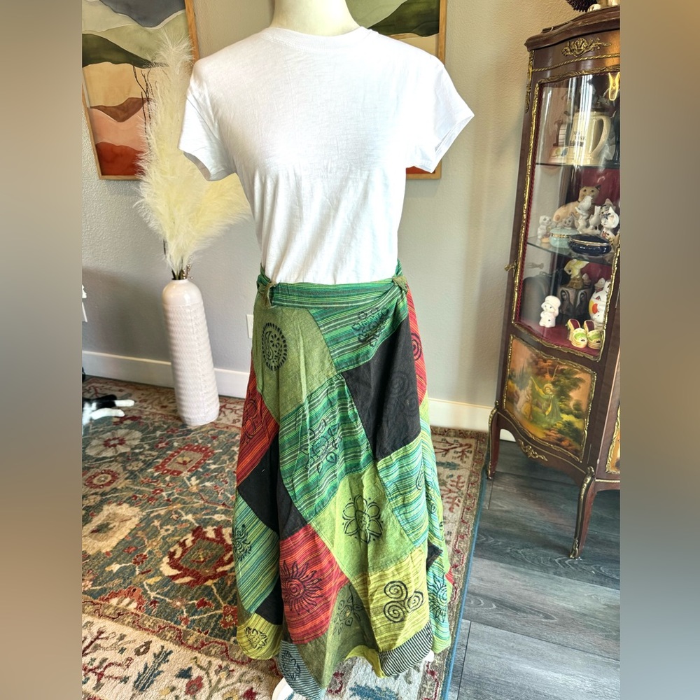 Artisan Nepal Cotton Patchwork Wrap Skirt- Green Sun Symbol